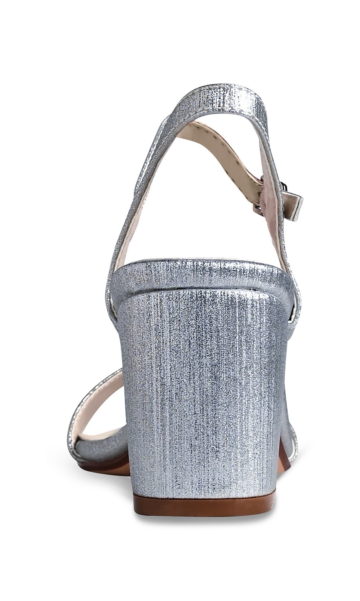 Rear view of True Silver Prom Shoes: Touch Ups 4768, a silver glitter prom shoe with ankle strap, low block heel, and buckle closure, displayed against a white background.